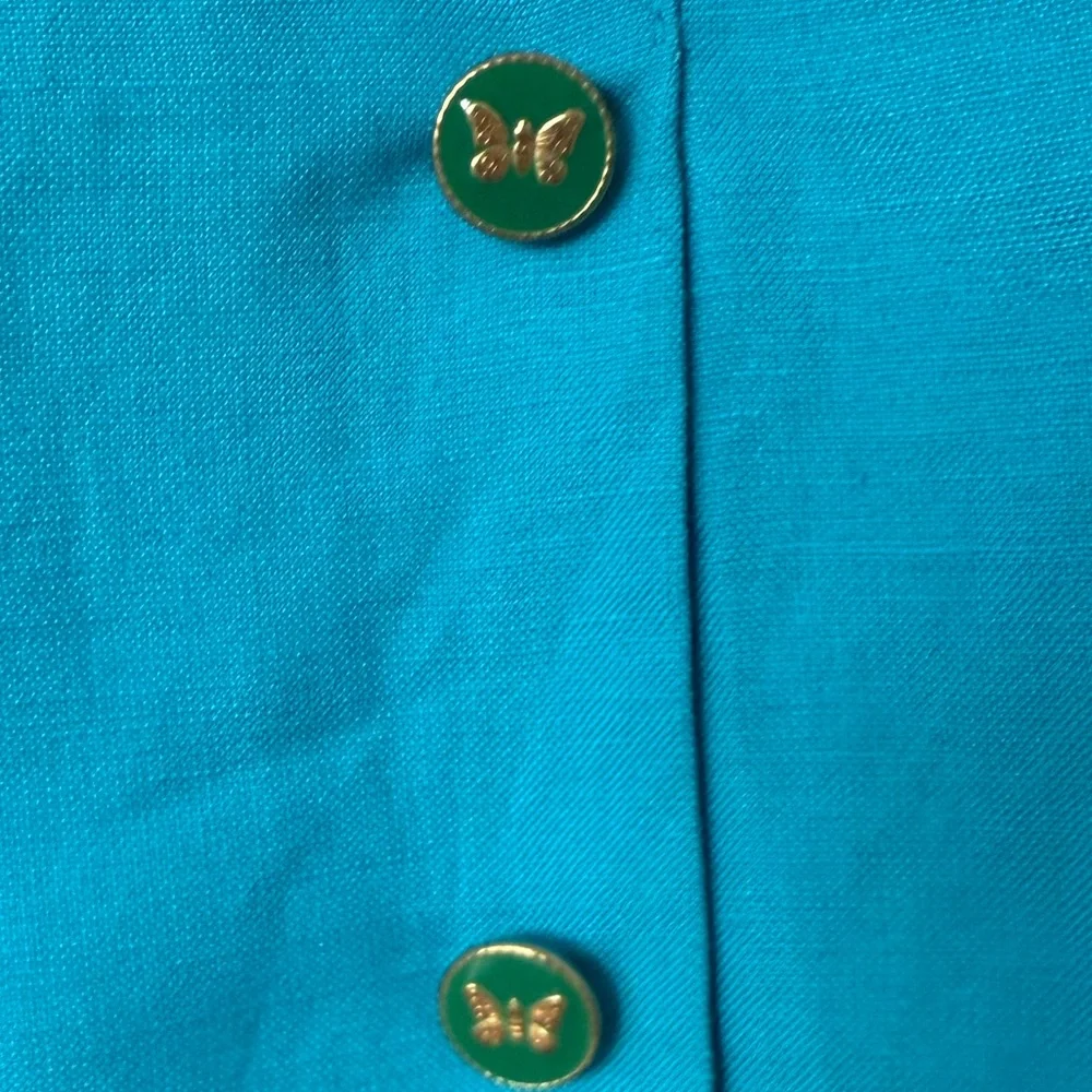 Vintage 80s 90s Adriana Papell Turquoise Fitted Linen Side Tie Gorgeous Dress - Picture 2 of 15